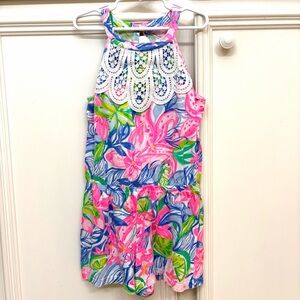 Lilly Pulitzer Mini Pearl Shorts Romper Girl’s Size 8-10 w/ Crocheted Lace Trim